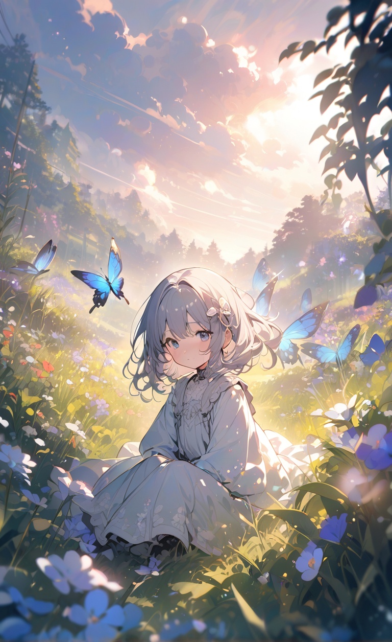 girl with flowing lavender hair sits in a sunlit meadow,  surrounded by wildflowers painted in soft pastels. She gazes dre...