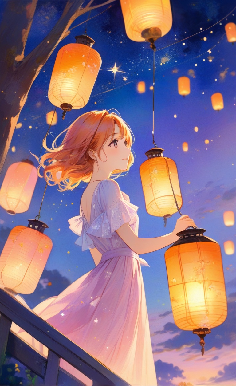 A girl with bright orange hair releases a glowing lantern into a twilight sky,  her expression filled with hope and dreams...