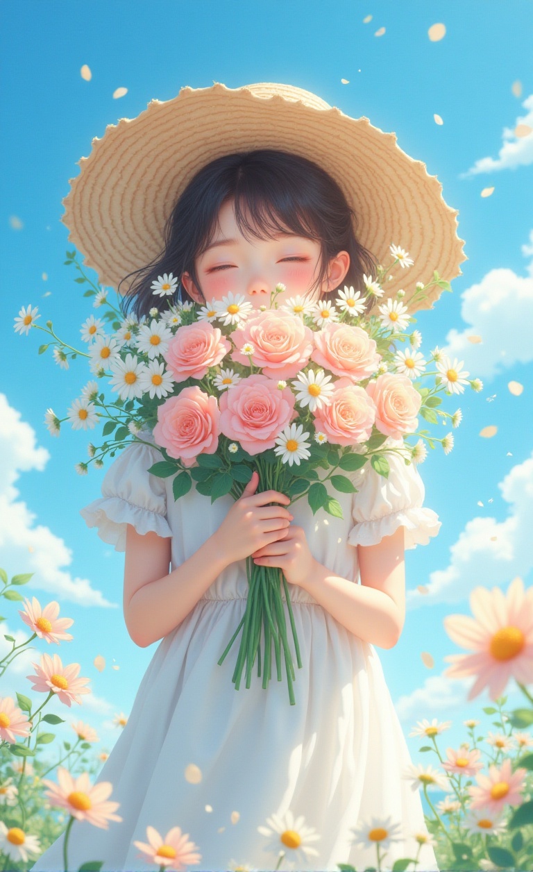 A girl stands against a bright blue sky,  her face partially hidden behind a vibrant bouquet of flowers. The pastel colors...