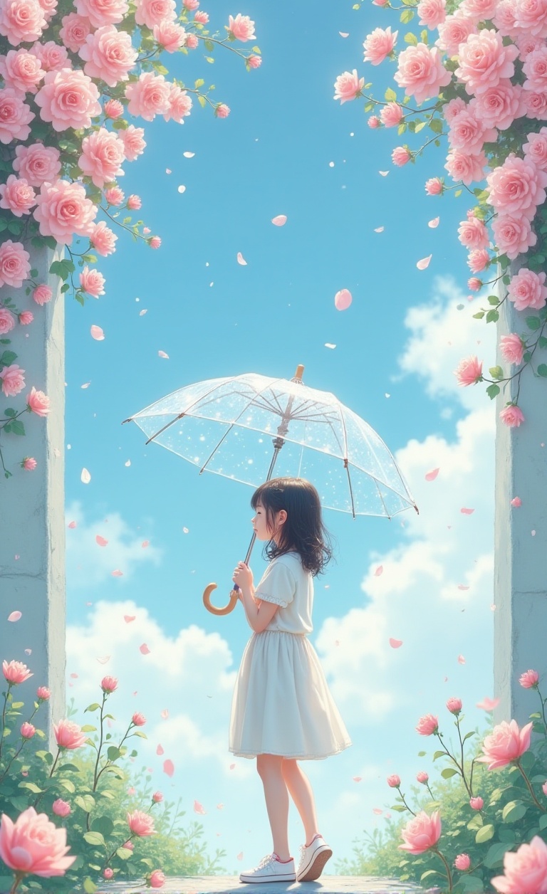 A serene scene unfolds as a young girl stands beneath a translucent umbrella,  surrounded by a cascade of blooming roses t...