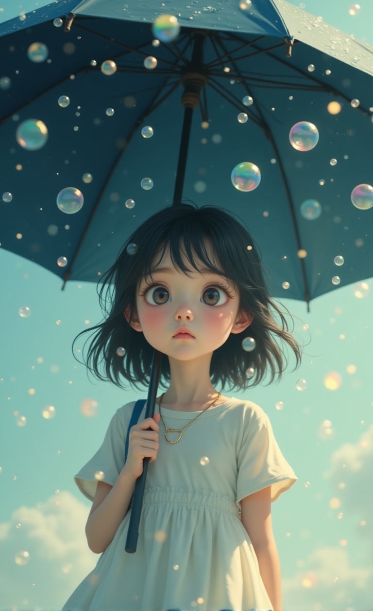 A girl stands under a dark umbrella,  gazing upward with curiosity as bubbles float around her. The pastel colors create a...