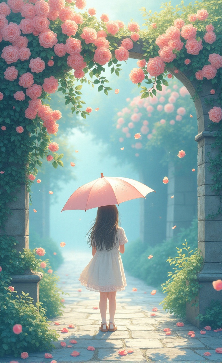 In a serene,  pastel-hued world,  a young girl stands beneath a delicate umbrella on Tensor.Art