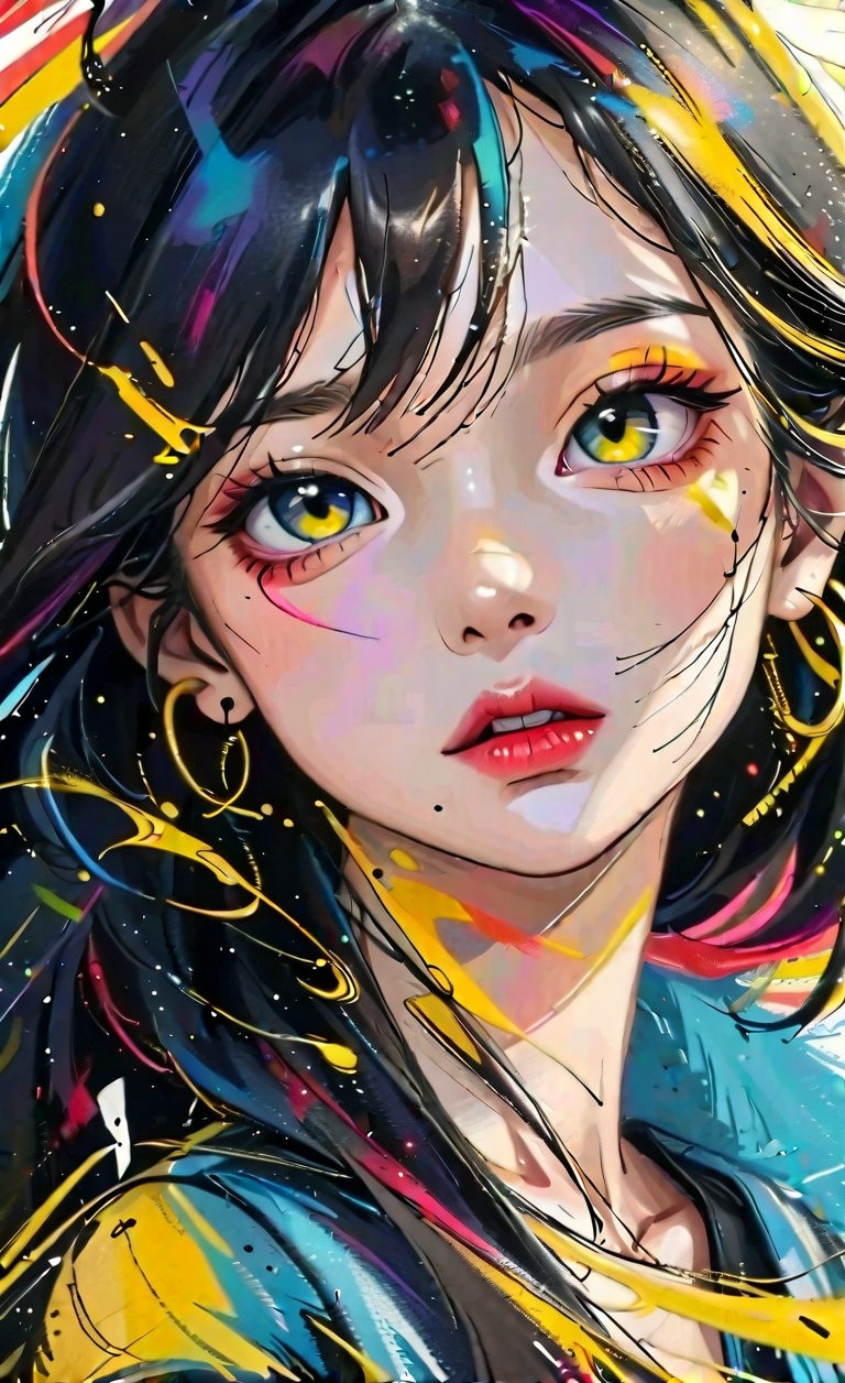 Create a striking portrait of a girl with long,  jet-black hair and intense,  piercing eyes. Use a bold color palette domi...
