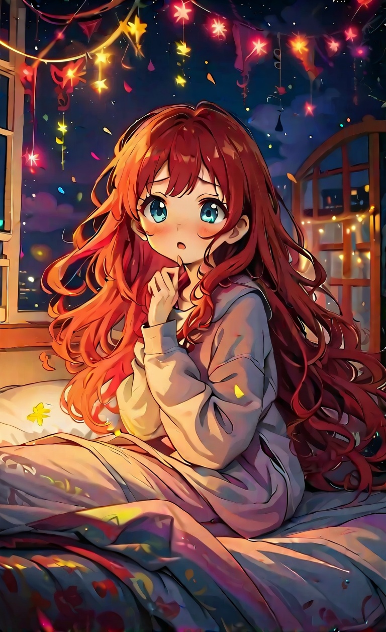 A girl with long,  flowing red hair sits up in bed,  her expression haunted as she clutches her blanket. The room is fille...