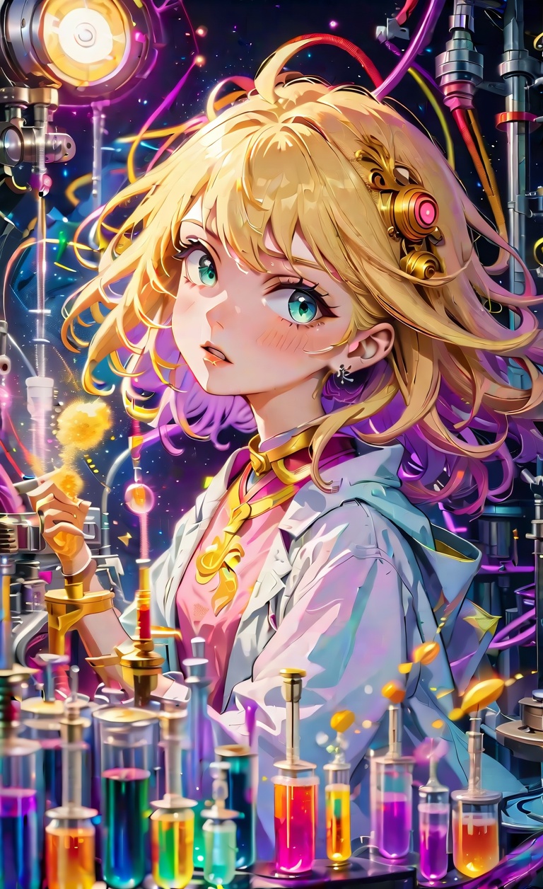 A girl with shimmering golden hair stands in a vividly illuminated laboratory,  surrounded by bizarre genetic experiments....