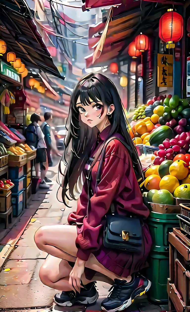 A anime girl with long,  dark hair crouches in a shadowy corner of a bustling market,  her eyes sharp and alert. Dressed i...