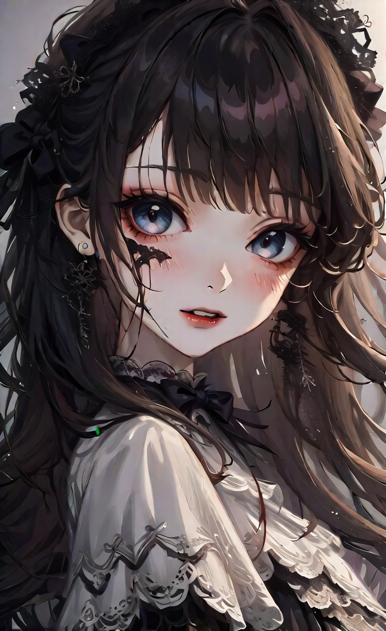 Create a haunting portrait of an anime-style creepy doll with oversized,  lifeless eyes that exude an eerie charm. The dol...
