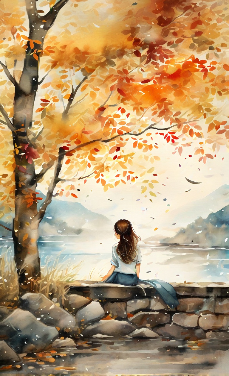 Create a serene anime scene featuring a girl with soft,  wavy hair sitting on a stone wall. Use a muted color palette with...