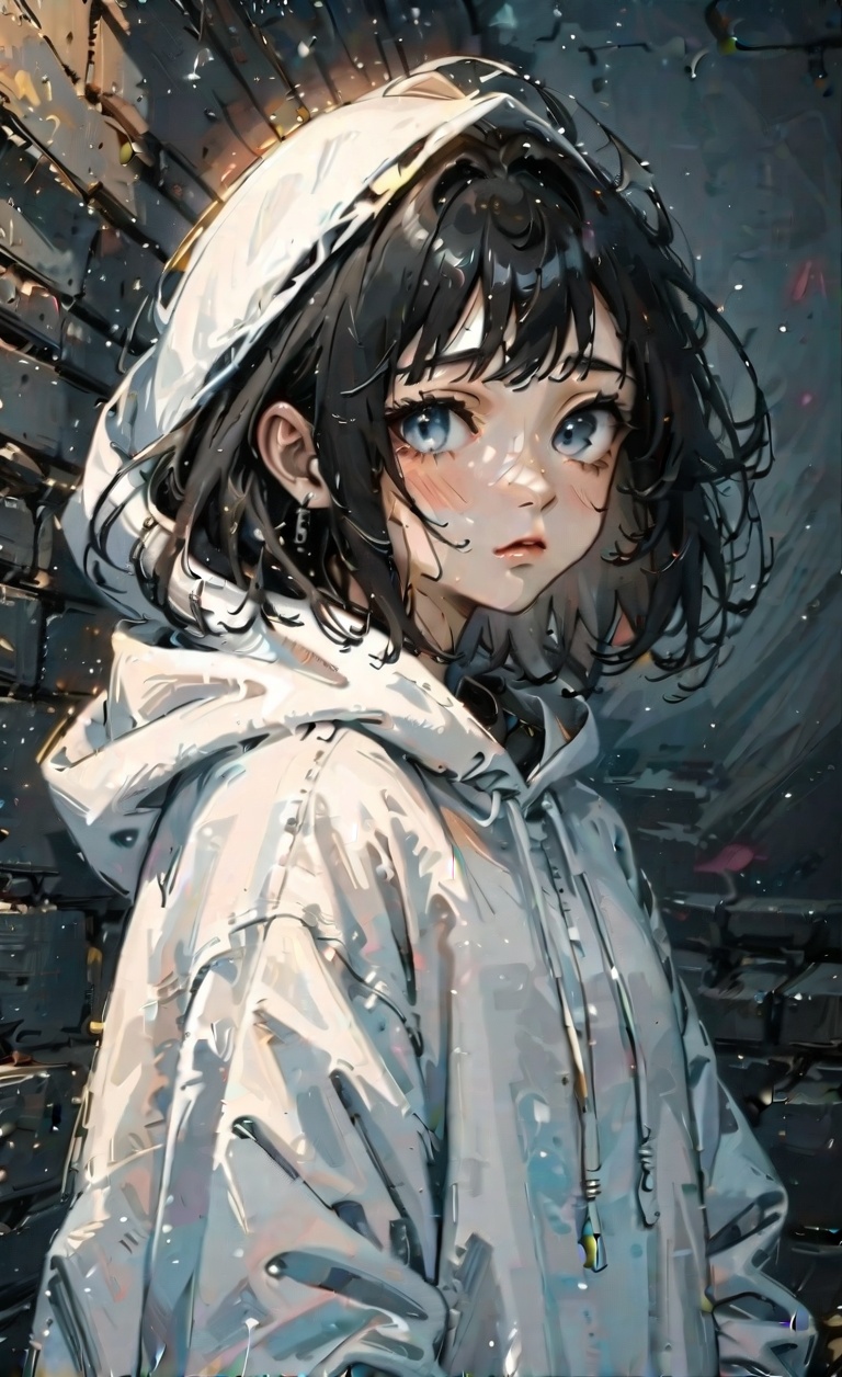 Create a poignant anime scene featuring a girl with messy black hair,  wearing a simple white hoodie. She stands in a cont...