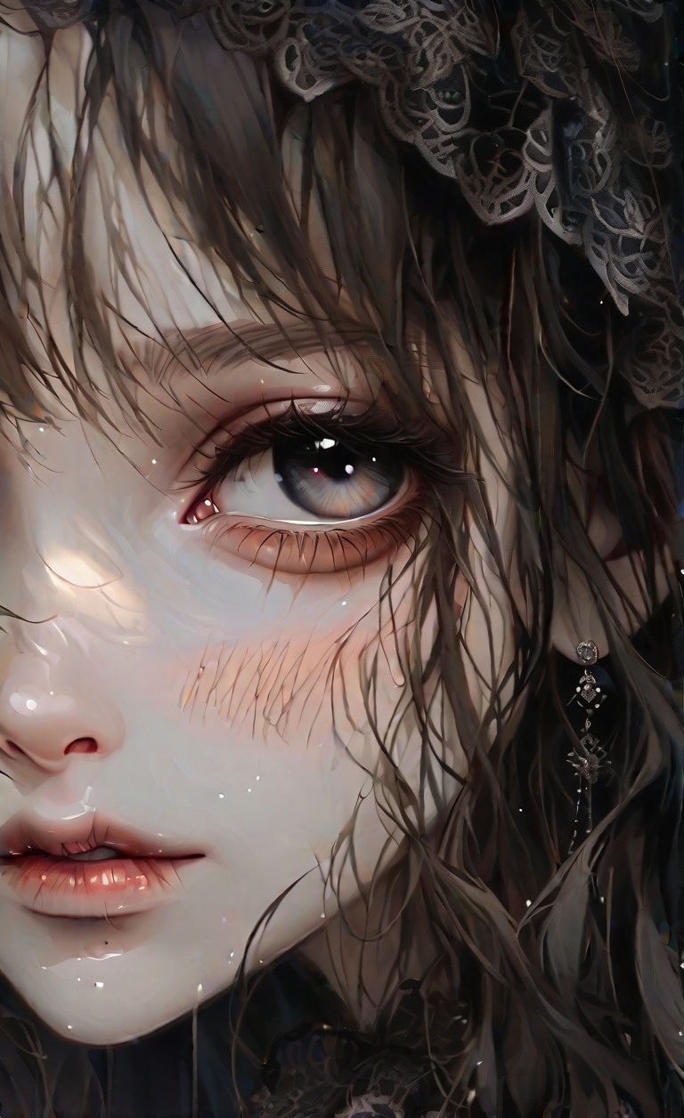Create a haunting portrait of an anime-style creepy doll with oversized,  lifeless eyes that exude an eerie charm. The dol...