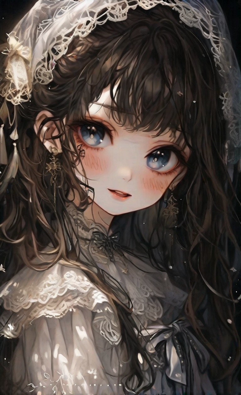Create a haunting portrait of an anime-style creepy doll with oversized,  lifeless eyes that exude an eerie charm. The dol...