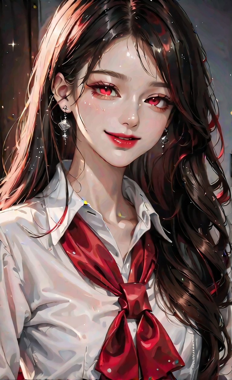 Create a captivating portrait of an anime girl with long,  flowing black hair that frames her face softly. She has strikin...