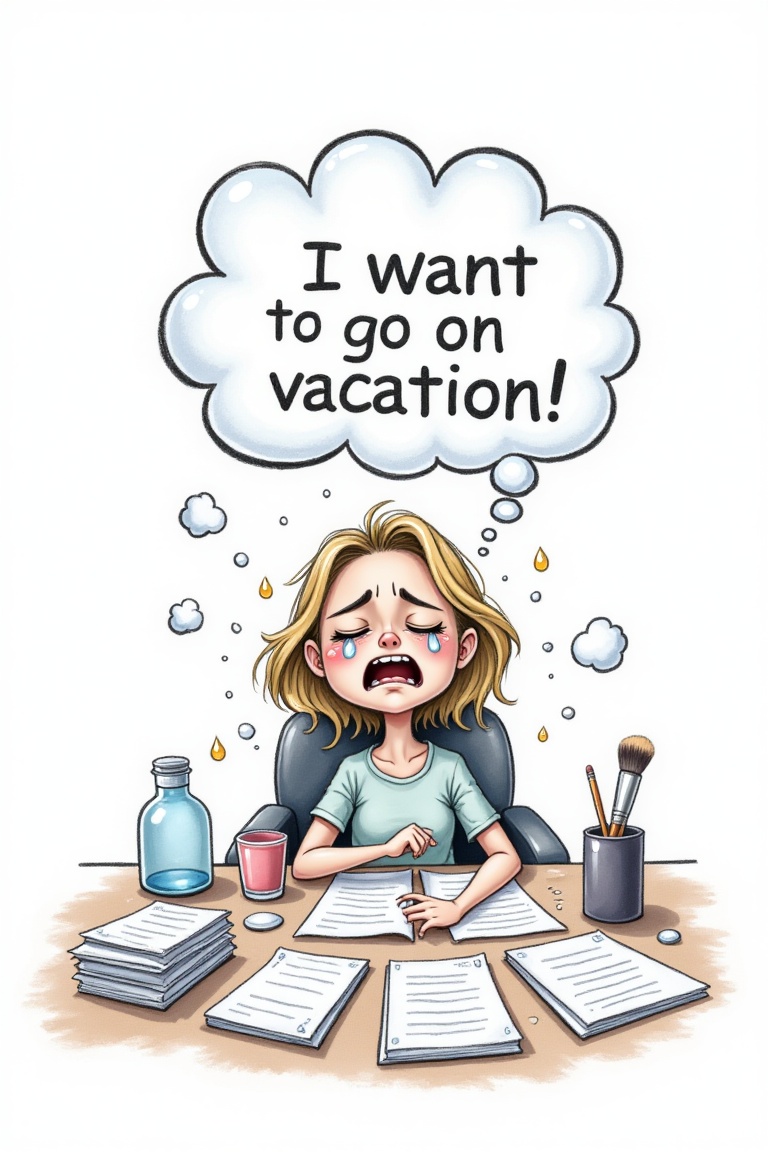Cartoon sketch: on a white background,  boldinka is sitting at a desk,  there are a lot of papers on the table on Tensor.Art