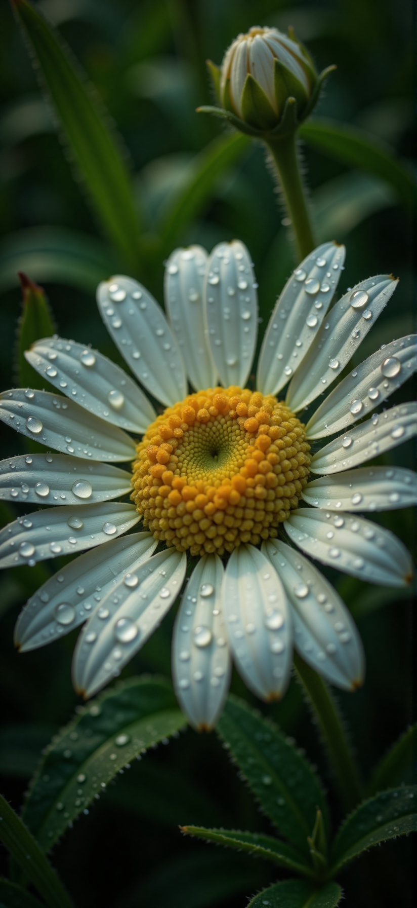 Close-up: chamomile after the rain,  drops of water on the petals of a daisy after the rain.,  Drop on Tensor.Art