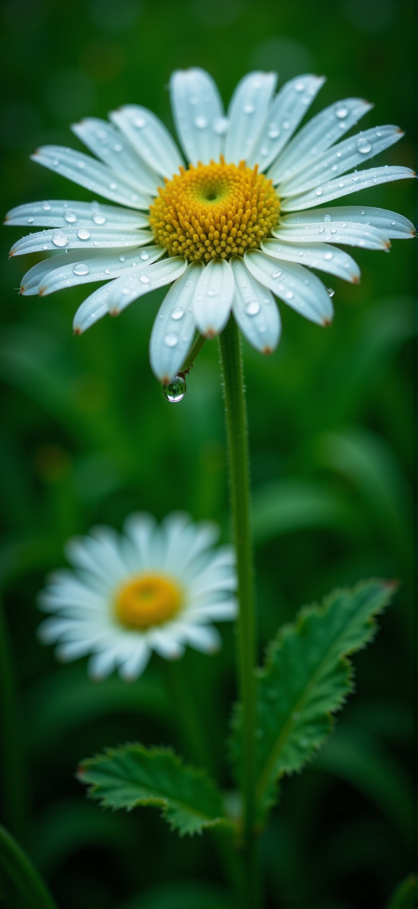 Close-up: chamomile after the rain,  drops of water on the petals of a daisy after the rain.,  Drop on Tensor.Art