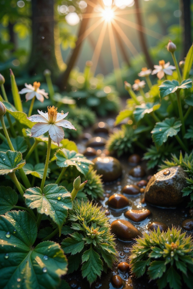 A lush forest floor glistening with raindrops,  moss-covered rocks,  and vibrant green leaves dripping water. Sun rays pie...