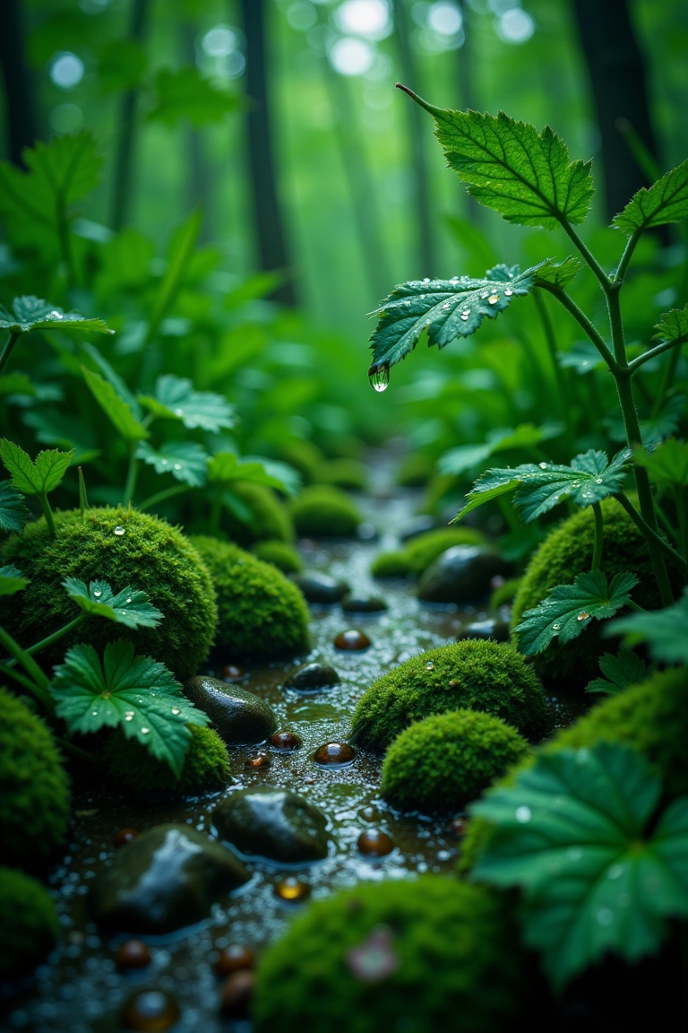 A lush forest floor glistening with raindrops,  moss-covered rocks,  and vibrant green leaves dripping water. Soft on Tens...
