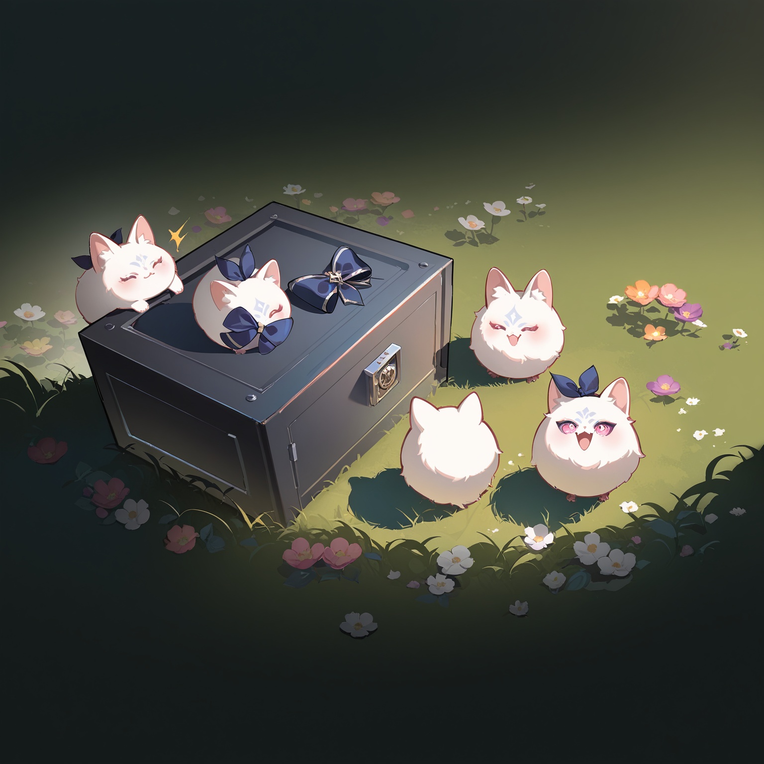 A close up scene of a group of small fox creatures looks playful and cheers. and some chibi fox with a large navy bow floa...