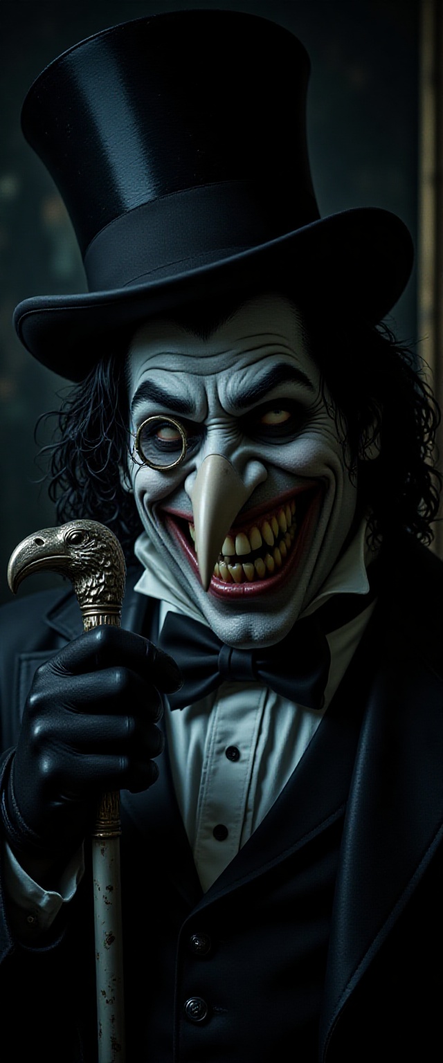 A dynamic close-up shot of "The Penguin,  " a notorious enemy of Batman,  with his grotesque yet charming features on full...