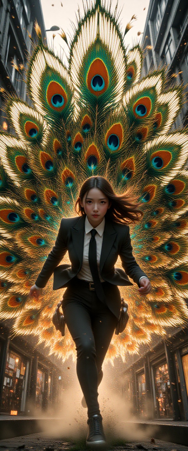 A breathtaking aerial close-up of a young woman in a sharp formal suit,  her long,  straight hair fluttering in the wind a...