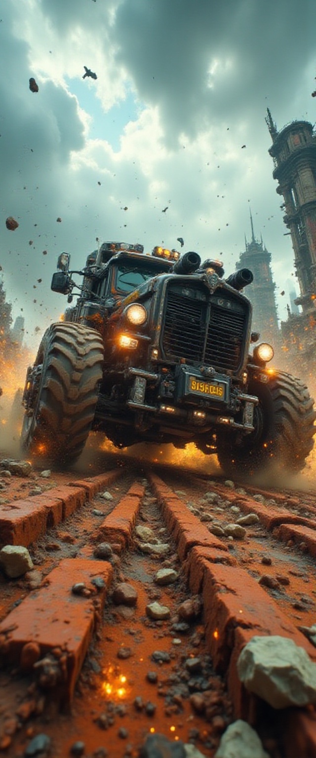 A dramatic close-up shot of a formidable customized weaponized War Rig,  a colossal tanker truck with a flaming V8 engine,...
