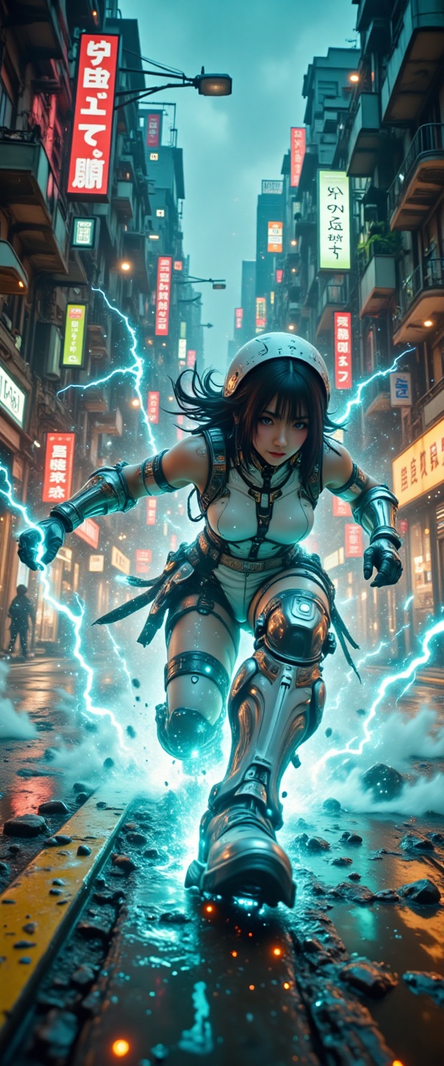 Extreme speed,  a beautiful electric cyberpunk heroine ((minimalist outfit crafted from flexible,  white fabric and glowin...