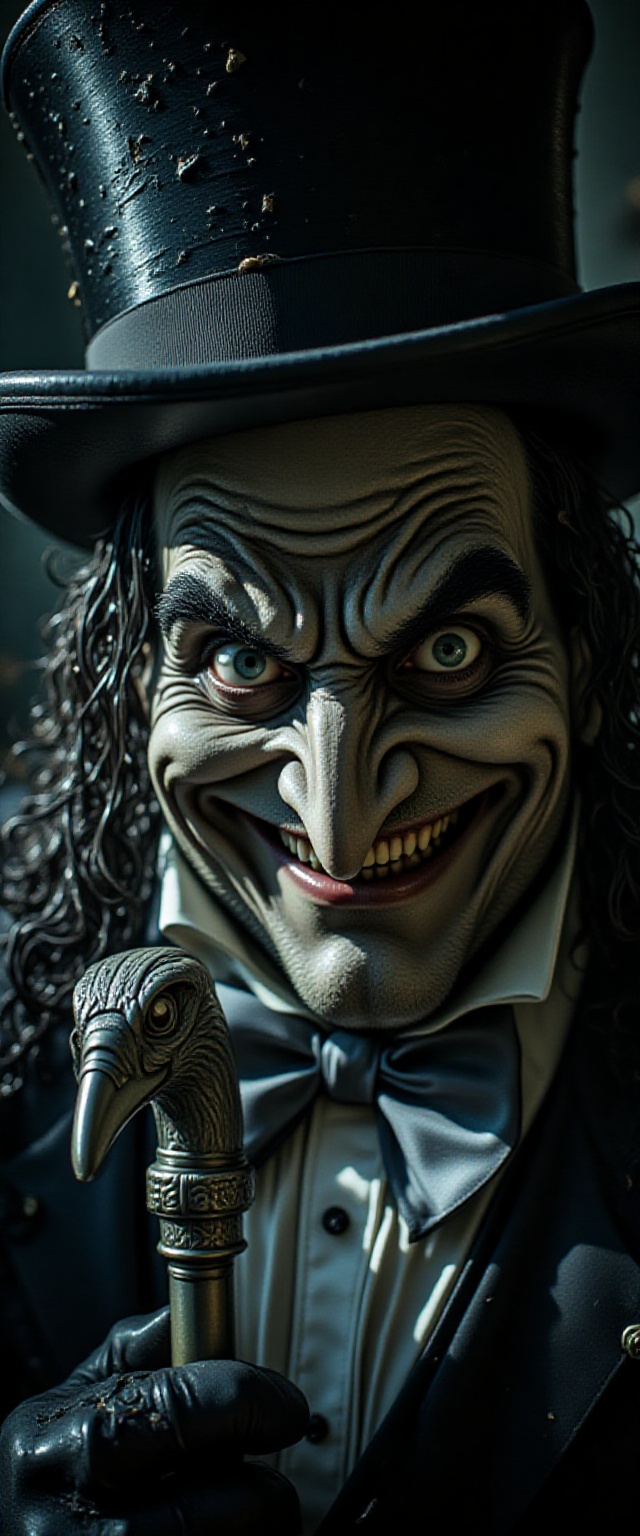 A dynamic close-up shot of "The Penguin,  " a notorious enemy of Batman,  with his grotesque yet charming features on full...