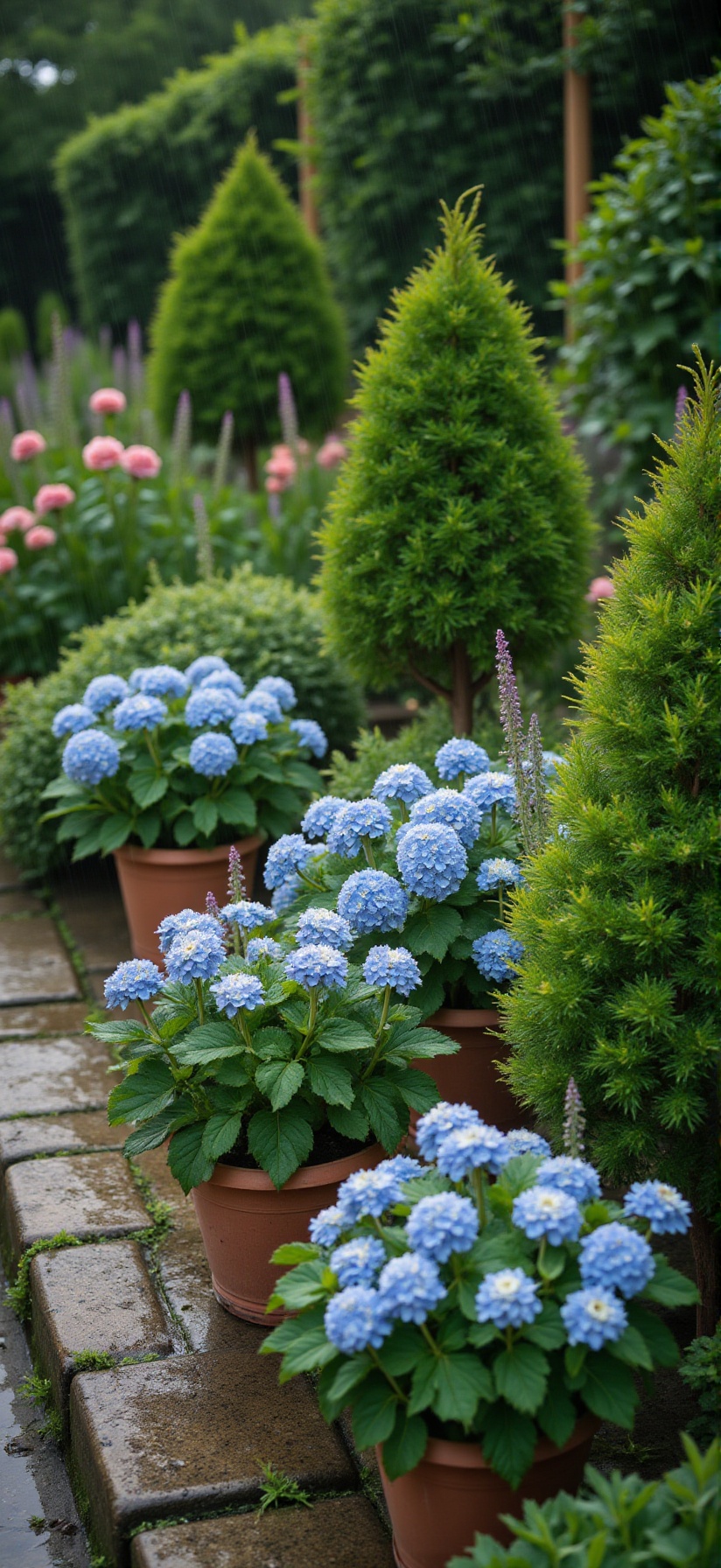 The image shows a garden scene with a variety of flowers and plants. There are several potted plants arranged along a ston...