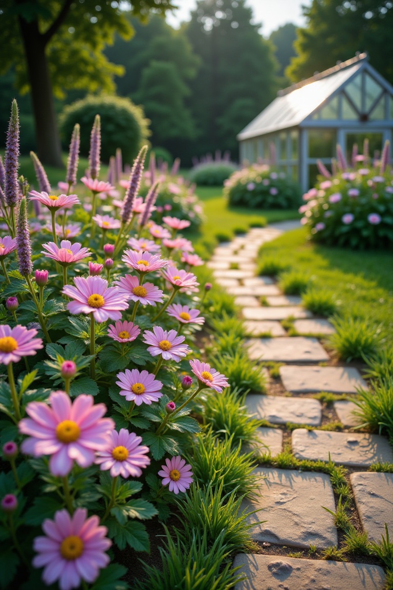 The image shows a garden scene with a pathway made of stone slabs,  bordered by a lush,  green lawn. On the left side of t...
