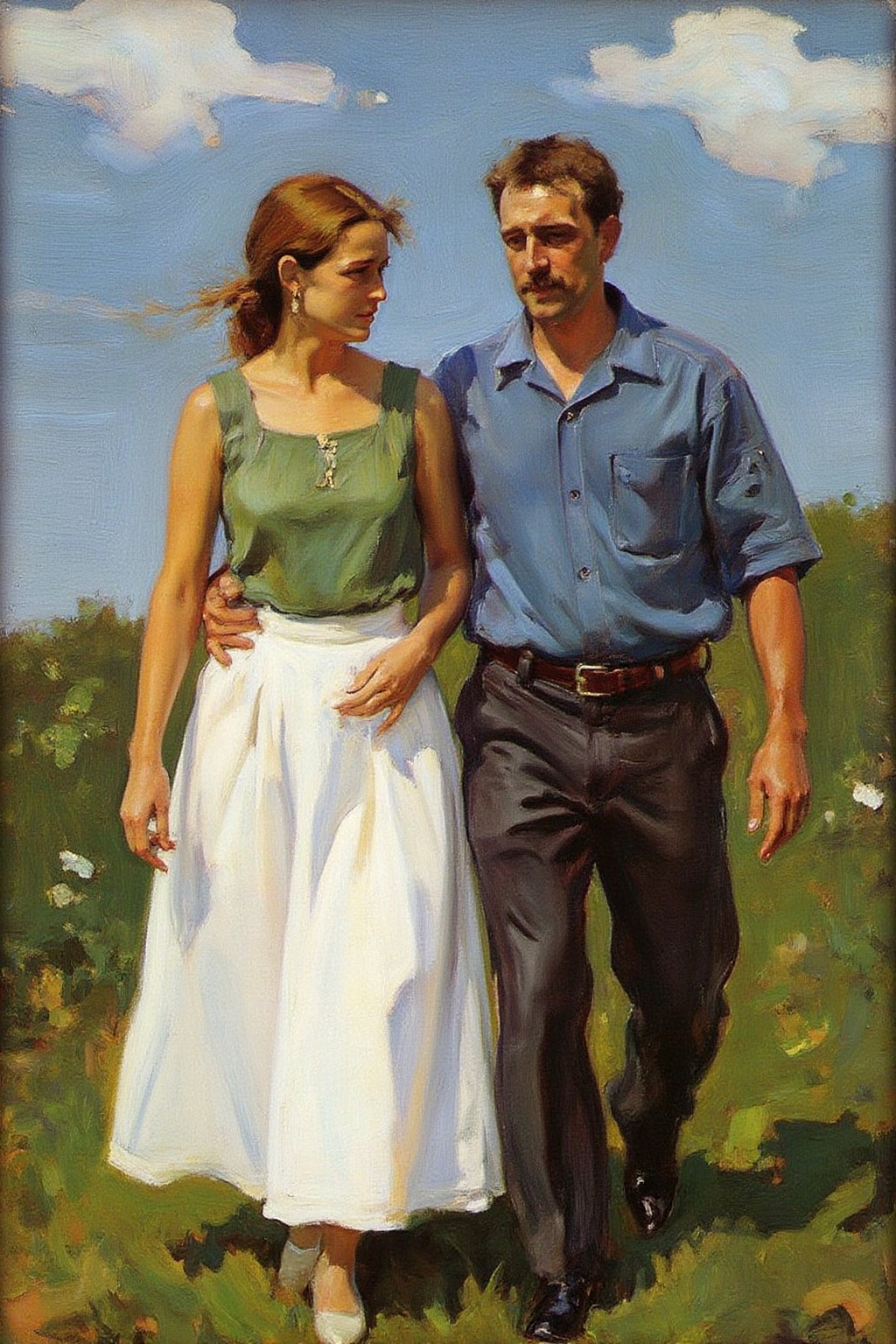joaquinsorolla1 painting. harveydunn. A couple walks side by side in an outdoor setting. On the left is a woman wearing a...