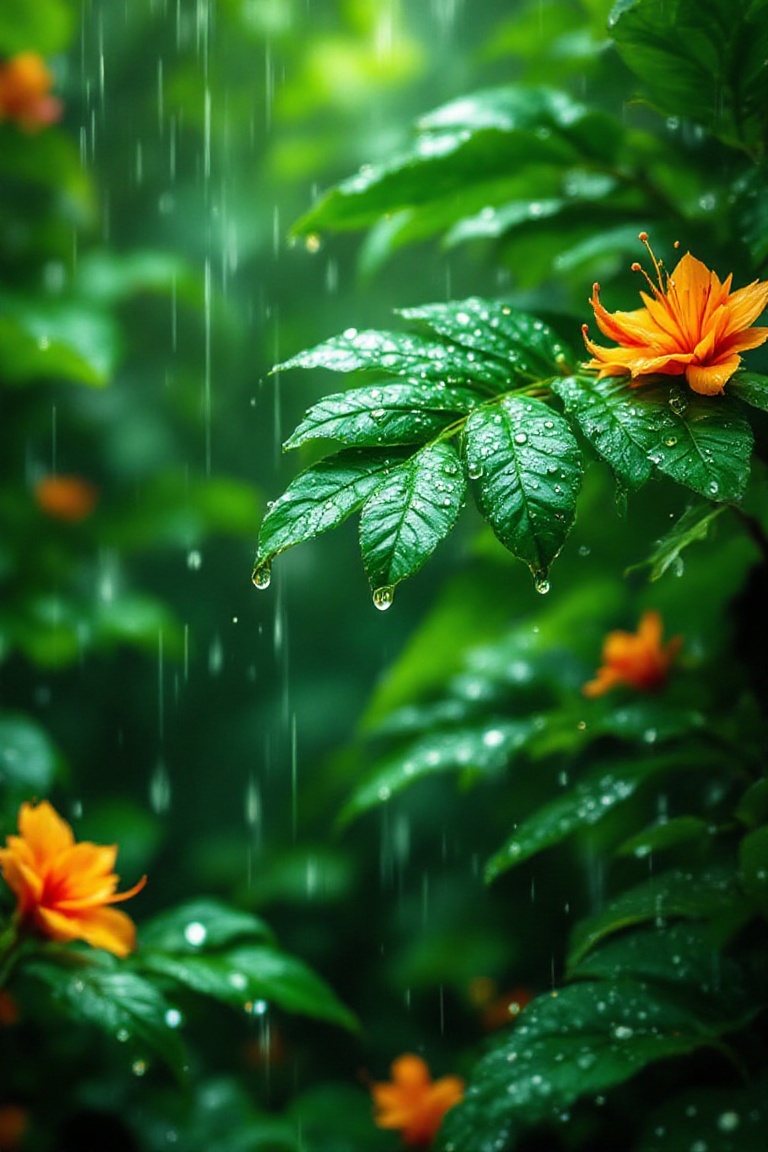 A tropical downpour descends on a lush green paradise where flowering trees reign supreme. Their wide leaves,  like umbrel...