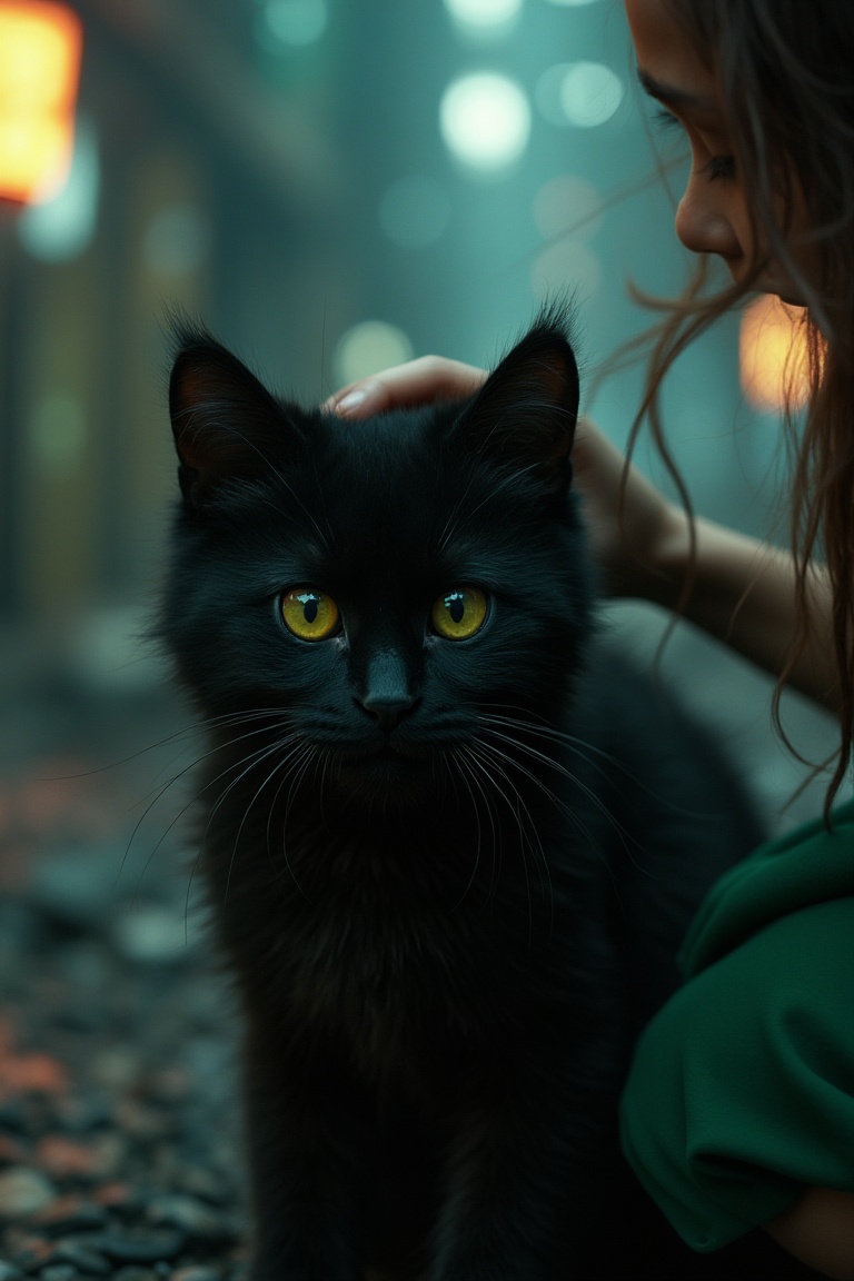 The close-up image shows a black fluffy cat with large green eyes. A close-up kitten is located in the foreground,  taking...