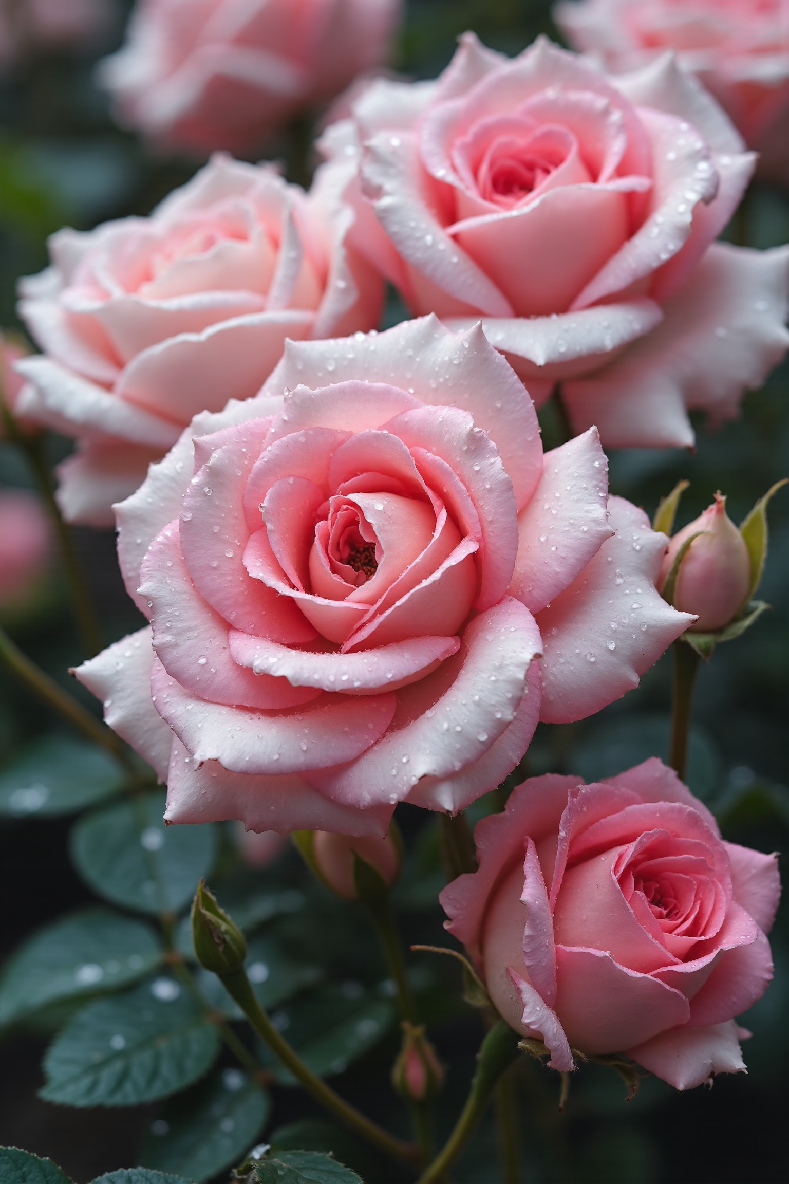 background of a large number of gradient white and pink roses with dew drops on the petals on the stems,  After the rain,...
