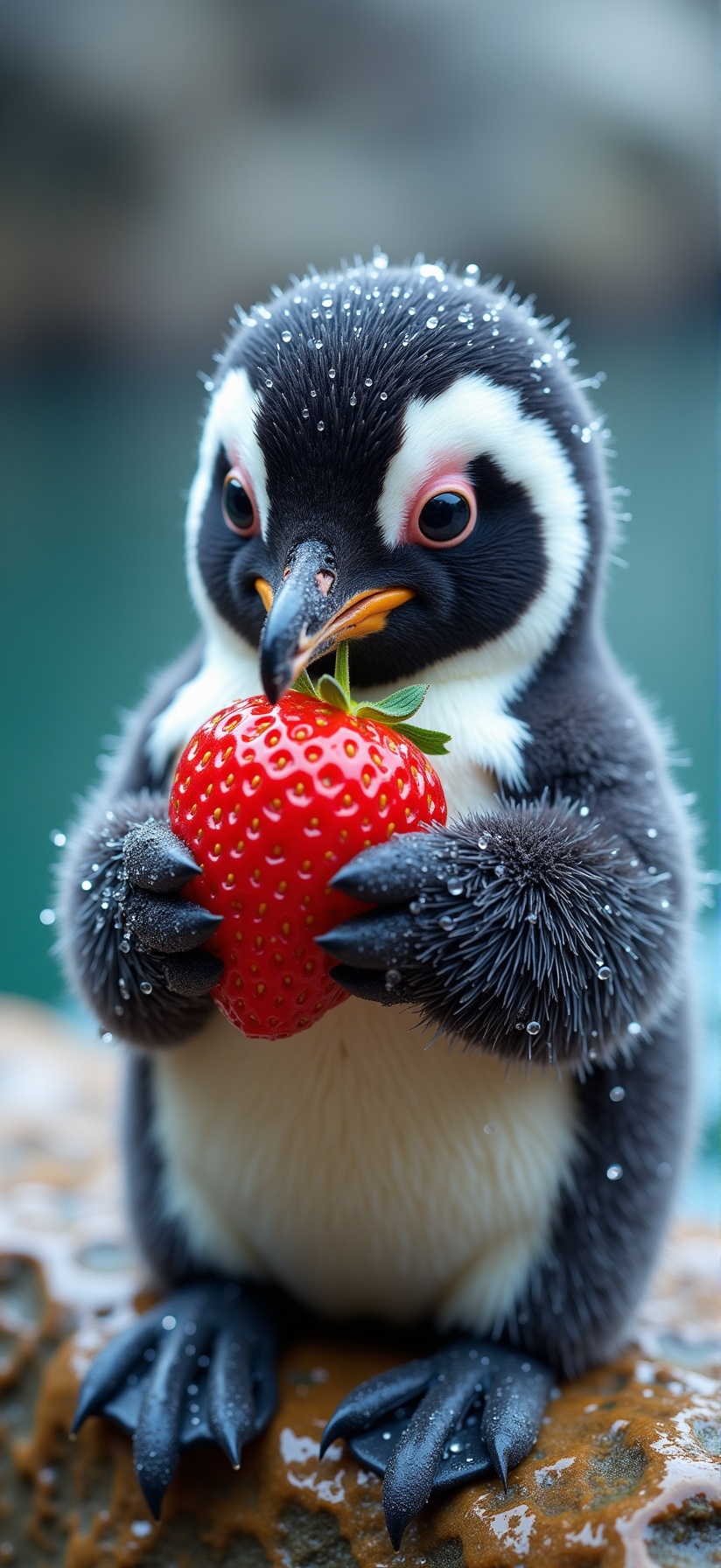 Close-up of a cute little penguin holding a large strawberry in its paws. A penguin sits in a boulder by the sea. The boul...