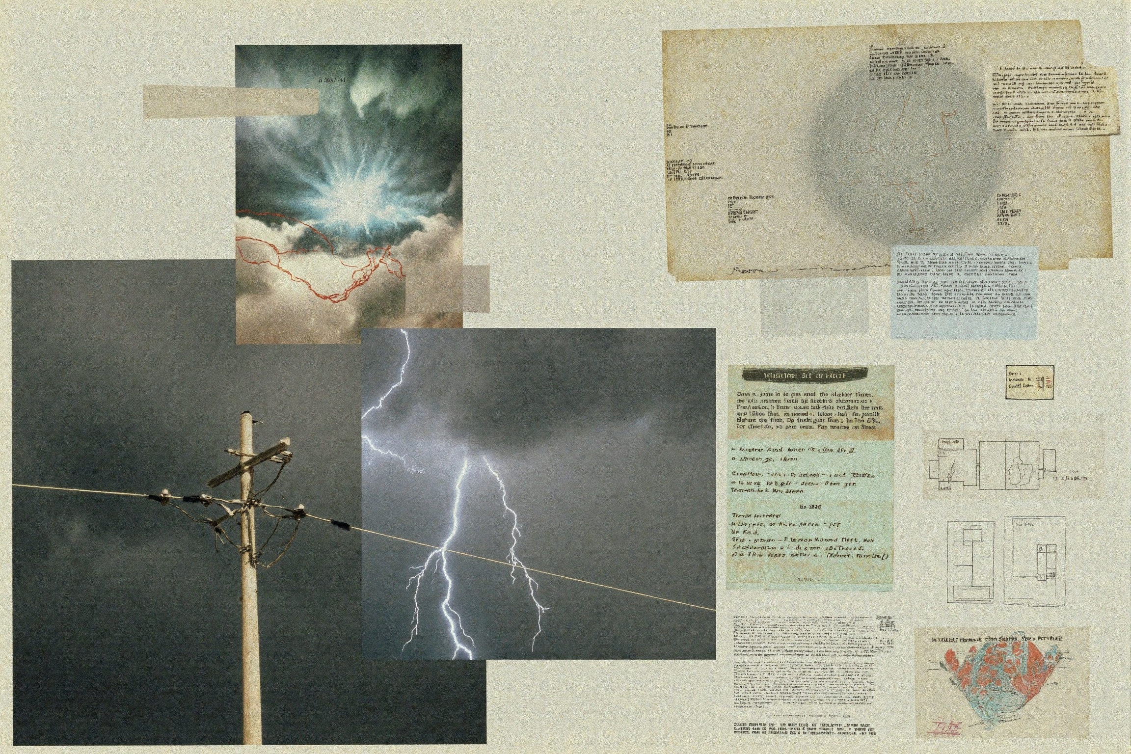 Weather photography of lightning. Surreal rendering digital collage including a set of field notes,  attached with unclass...