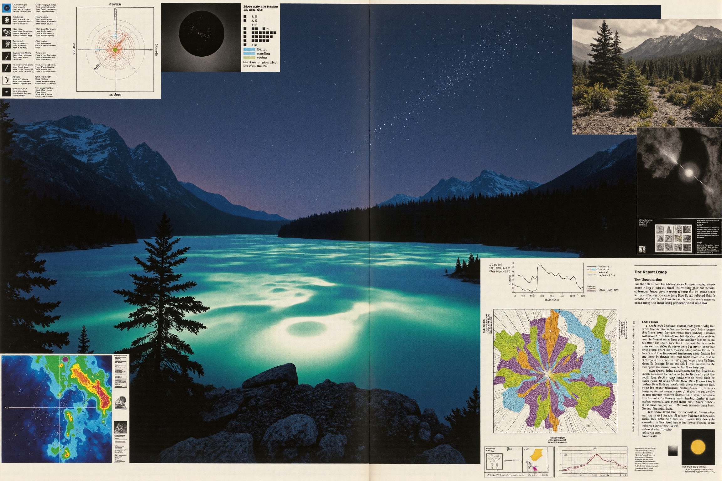Nighttime flash film photography. Surreal render including a collection of field notes,  attached with unclassified cipher...
