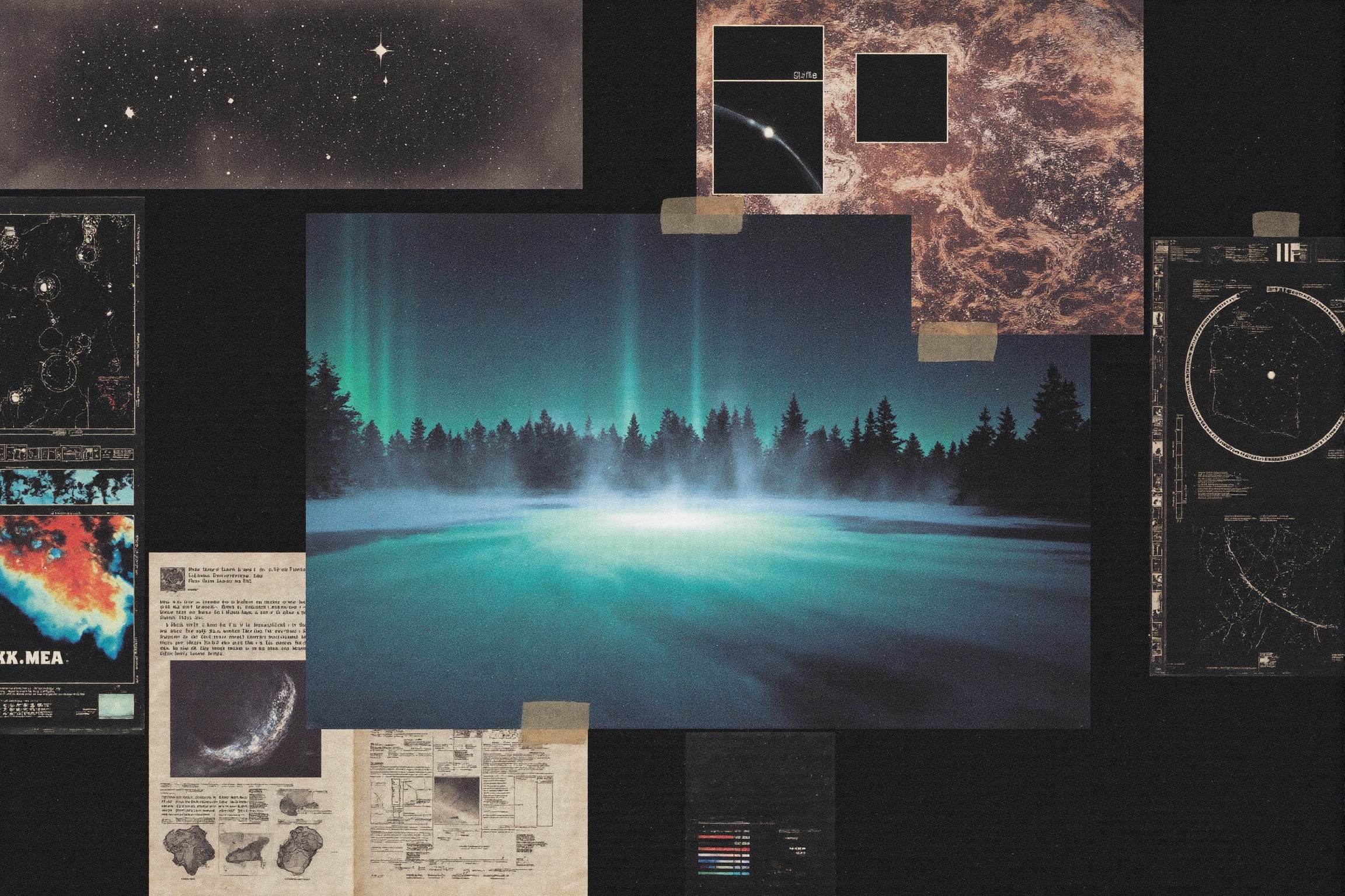 Nighttime flash film photography. Surreal render including a collection of field notes,  attached with unclassified cipher...
