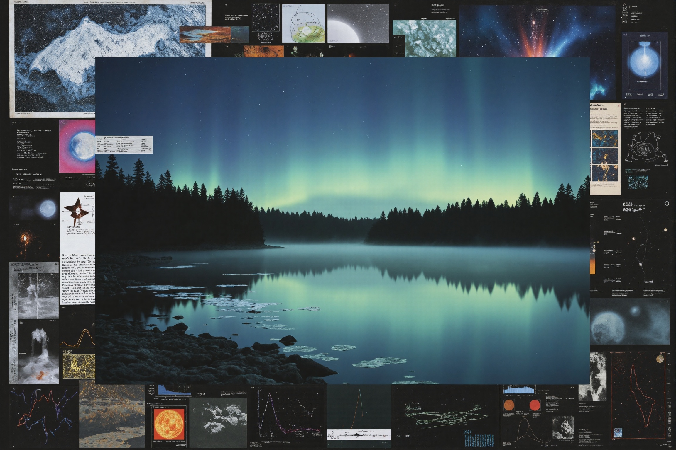 Nighttime flash film photography. Surreal render including a collection of field notes,  attached with unclassified cipher...