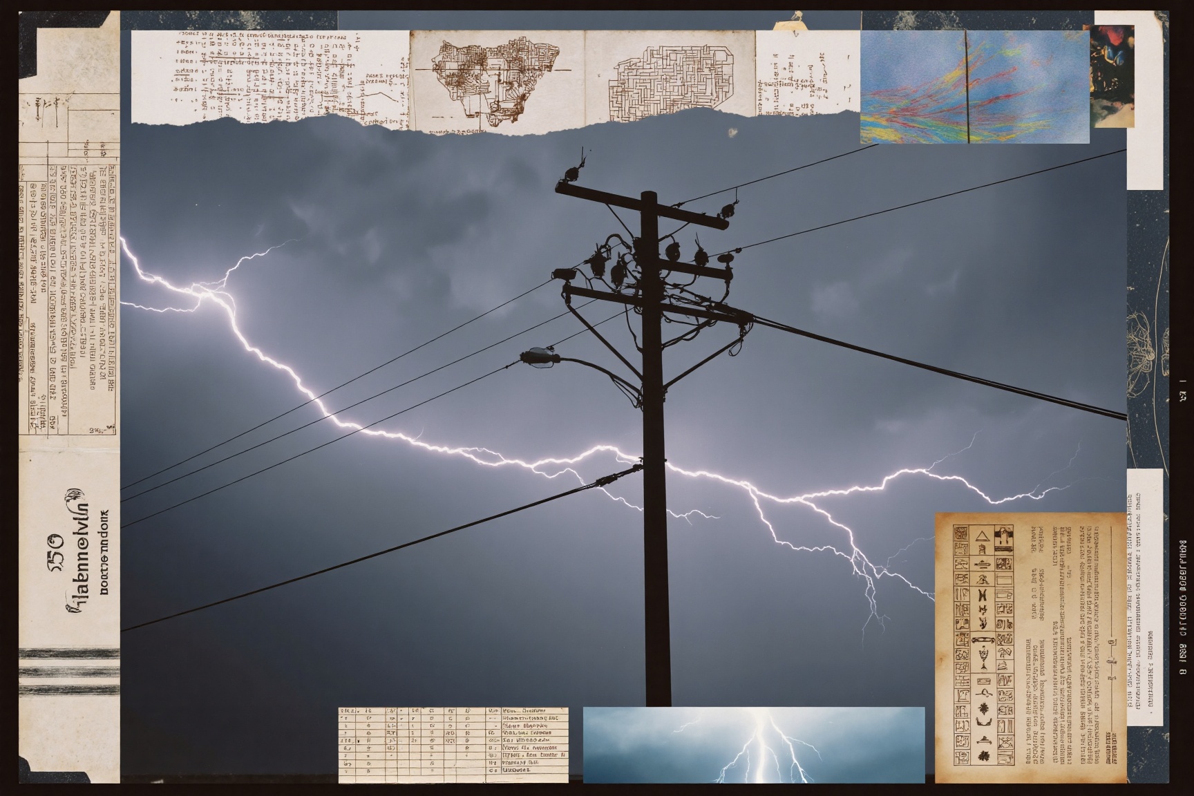 Weather photography of lightning. Overlaid by surreal renderings and digital collage media including a set of field notes,...
