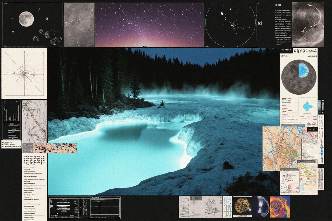 Nighttime flash film photography. Surreal render including a collection of field notes,  attached with unclassified cipher...