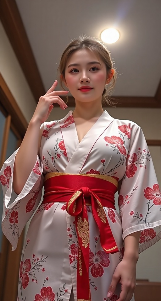 1girl solo japanese clothes ***** indoors kimono lips sash obi looking down from below masturbation fingering female mastu...