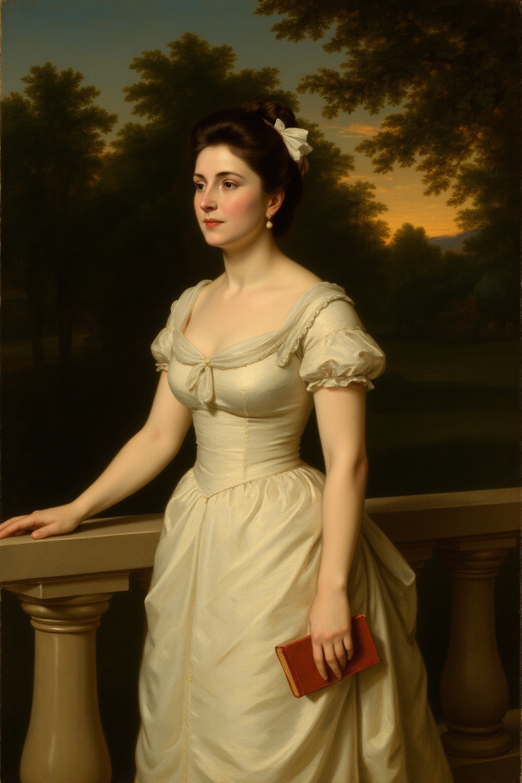 A classical oil painting portrait of a graceful young woman from the 19th century,  standing beside a stone balustrade in...