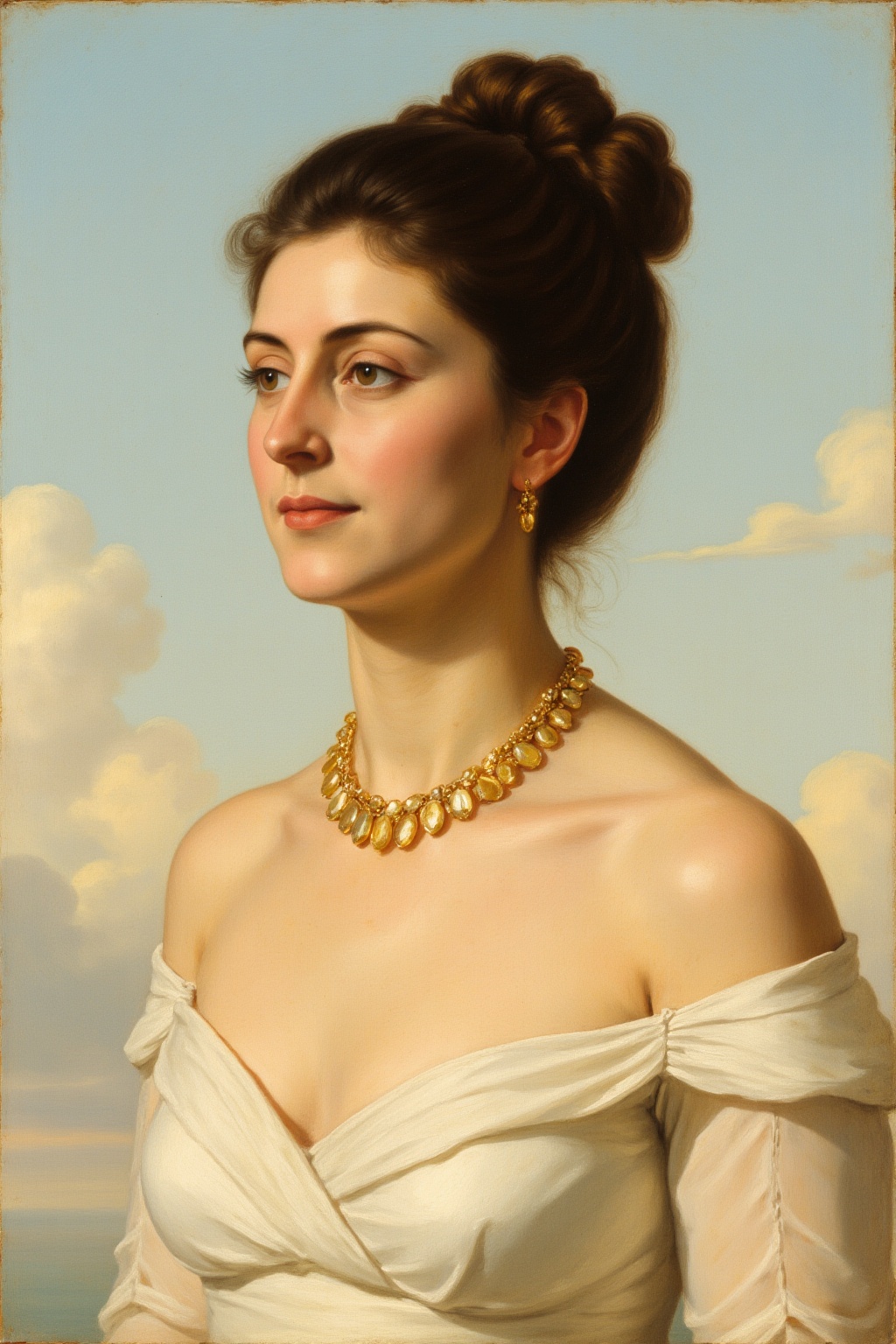 A classical oil painting portrait of a graceful young woman with dark hair styled in a loose updo. She gazes softly to the...