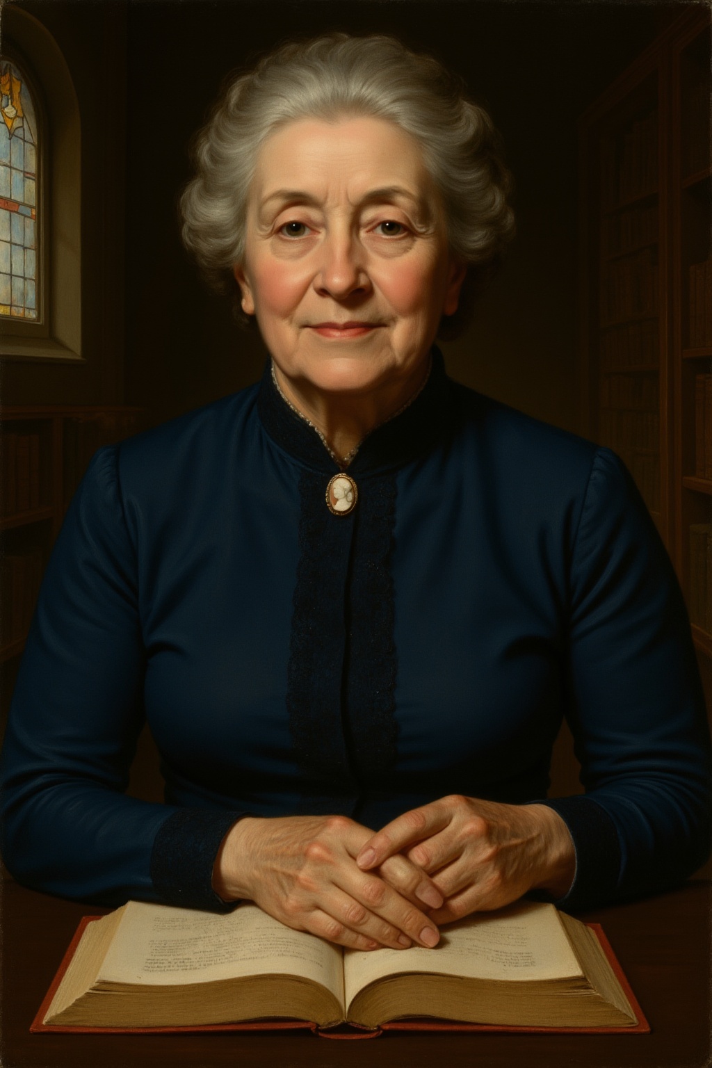A classical oil painting portrait of an elderly woman with silver-white hair tied in a loose bun,  her face adorned with g...