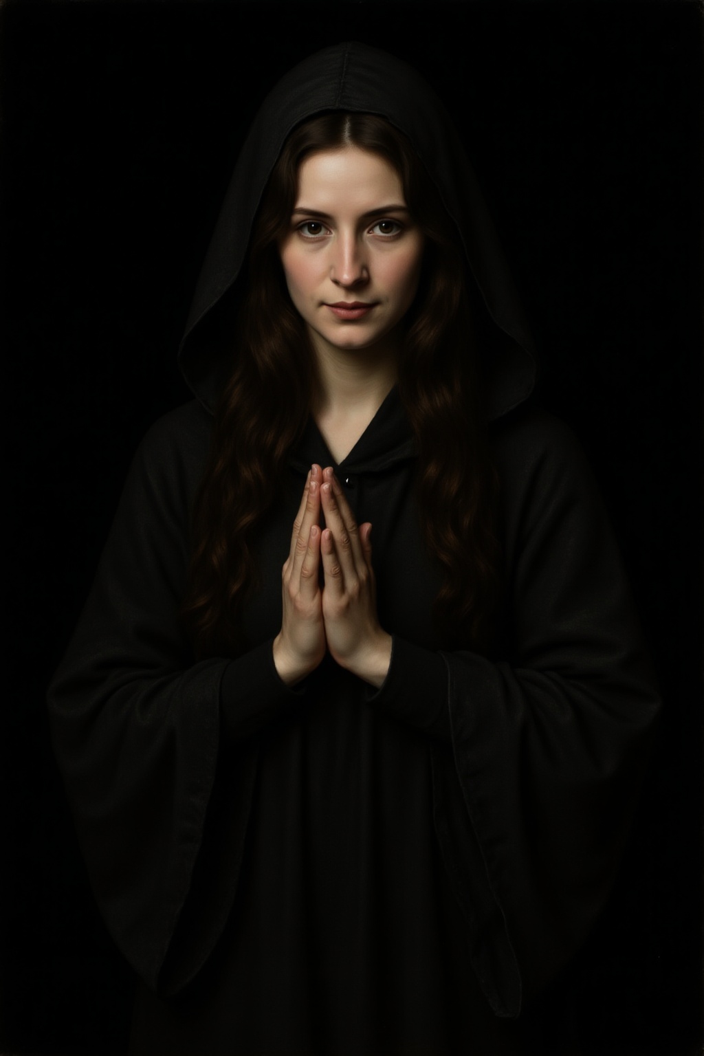 Dramatic portrait of a mysterious brunette woman in a crimsom hooded cloak,  standing against a completely black backgroun...