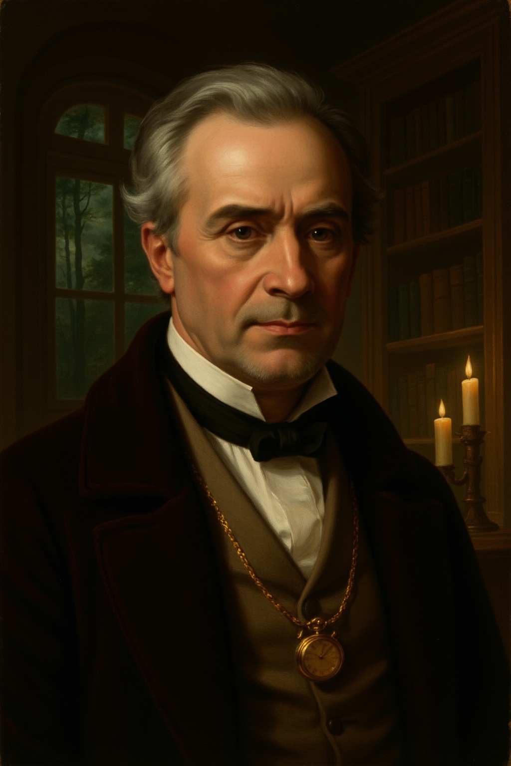 A classical oil painting portrait of a distinguished man in his 50s with silver hair and a neatly trimmed beard. He wears...