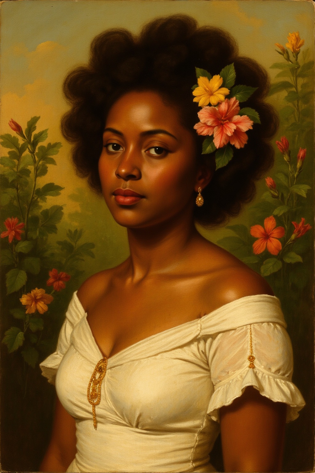 A classical oil painting portrait of a young Afro-descendant woman with deep brown skin,  voluminous natural hair,  and a...