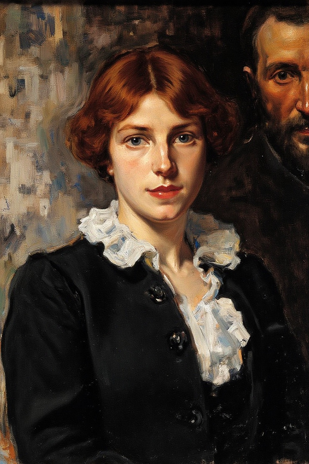joaquinsorolla1 painting. egonschiele. A woman wearing a black garment with a white,  ruffled collar. She has red hair and...