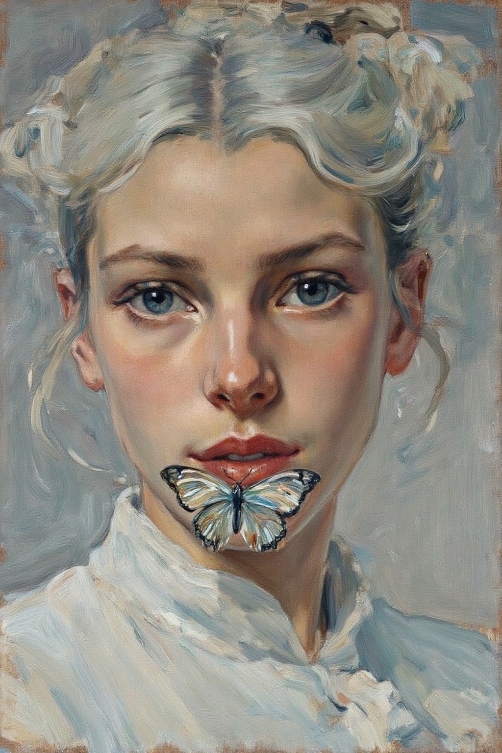 joaquinsorolla1 painting. Closeup of a young Slavic woman with blue eyes,  her white hair styled into a messy bun. She is...