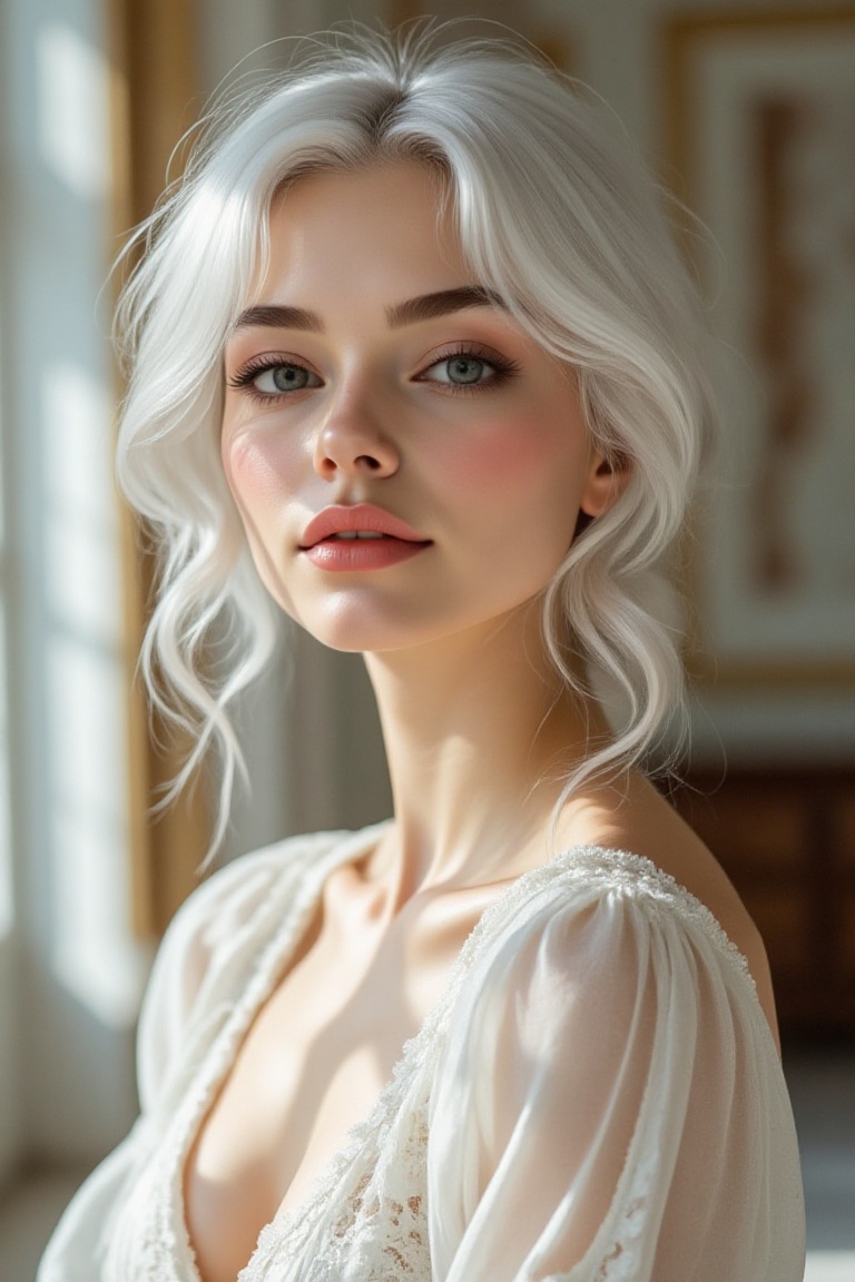A close-up shot of a snow-white-haired woman with delicate features and long,  fluffed-out hair. Her expressive,  large ey...
